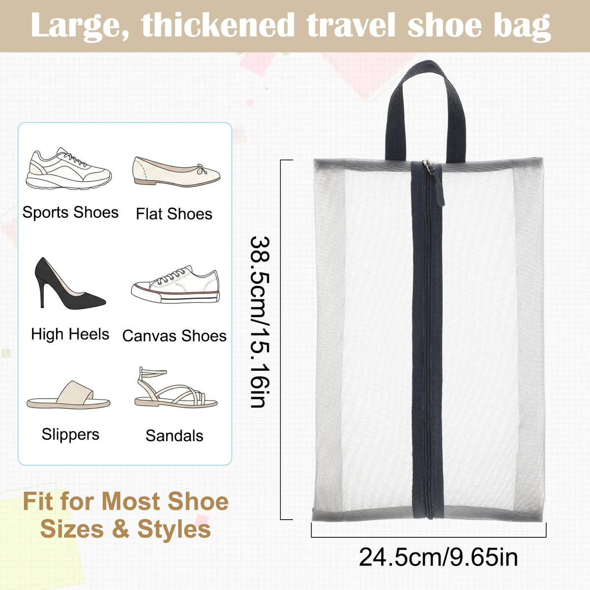 Breathable Nylon Shoe Bags with Zipper, 5-Pack Travel and Gym Pouches, 15.2 x 9.6 in - Image 2