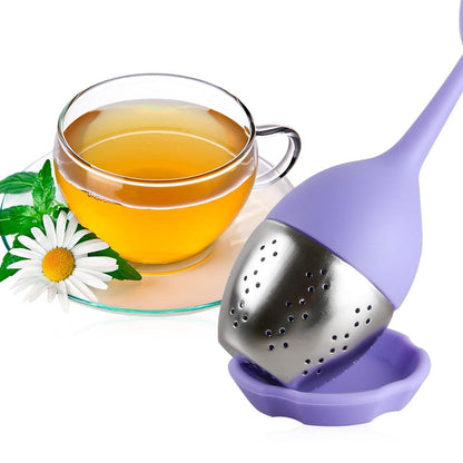 Silicone Tea Infuser with Stainless Steel Mesh Basket and Drip Tray, Purple - Image 4