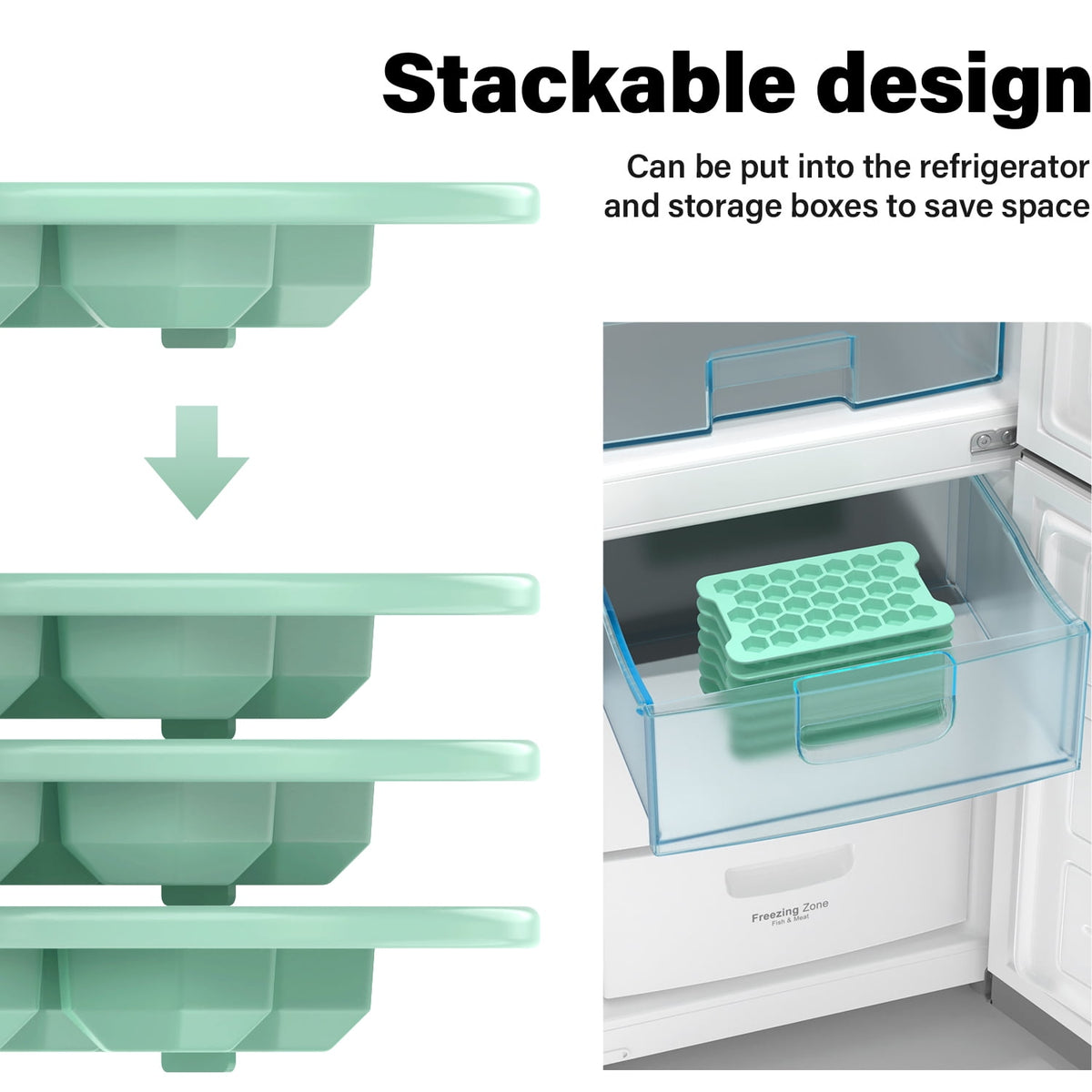 Mini Hexagonal Ice Cube Tray with Lid, Bin and Scoop, Green - Image 5