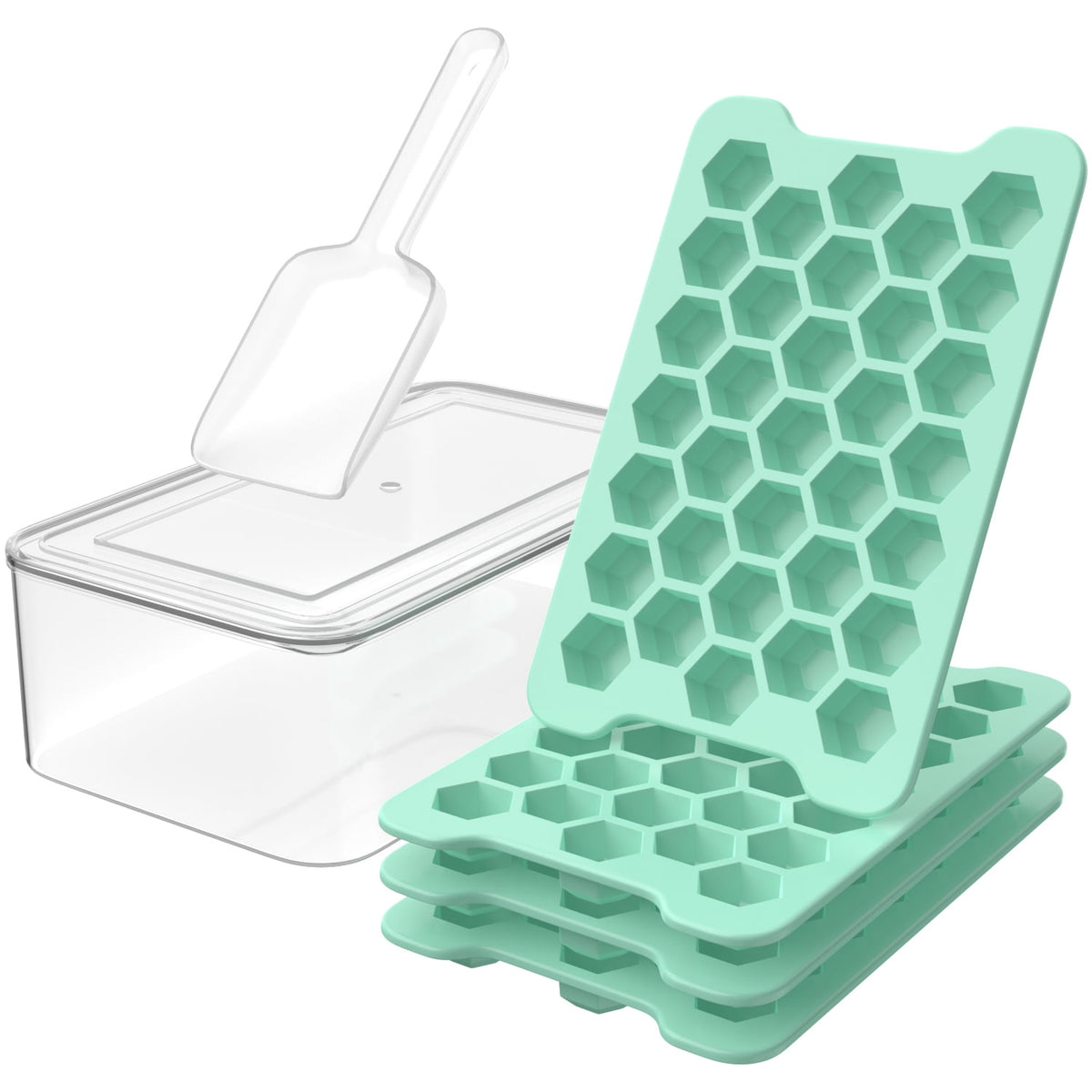 Mini Hexagonal Ice Cube Tray with Lid, Bin and Scoop, Green