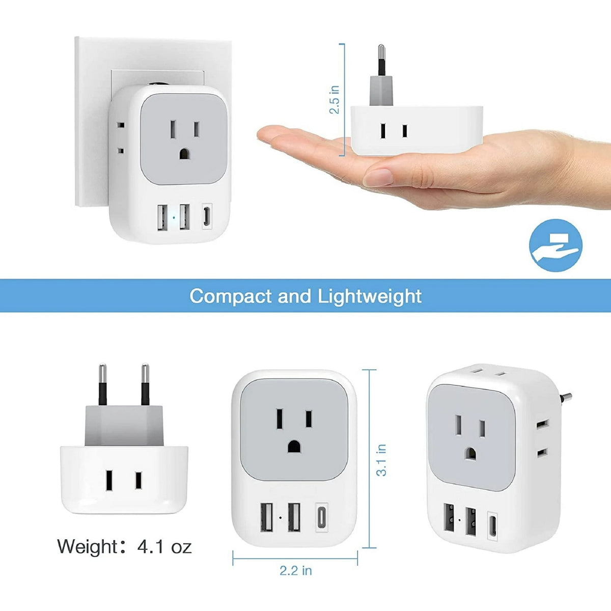 European Travel Plug Adapter, Type C to 4 US Outlets and 3 USB Ports, White - Image 3