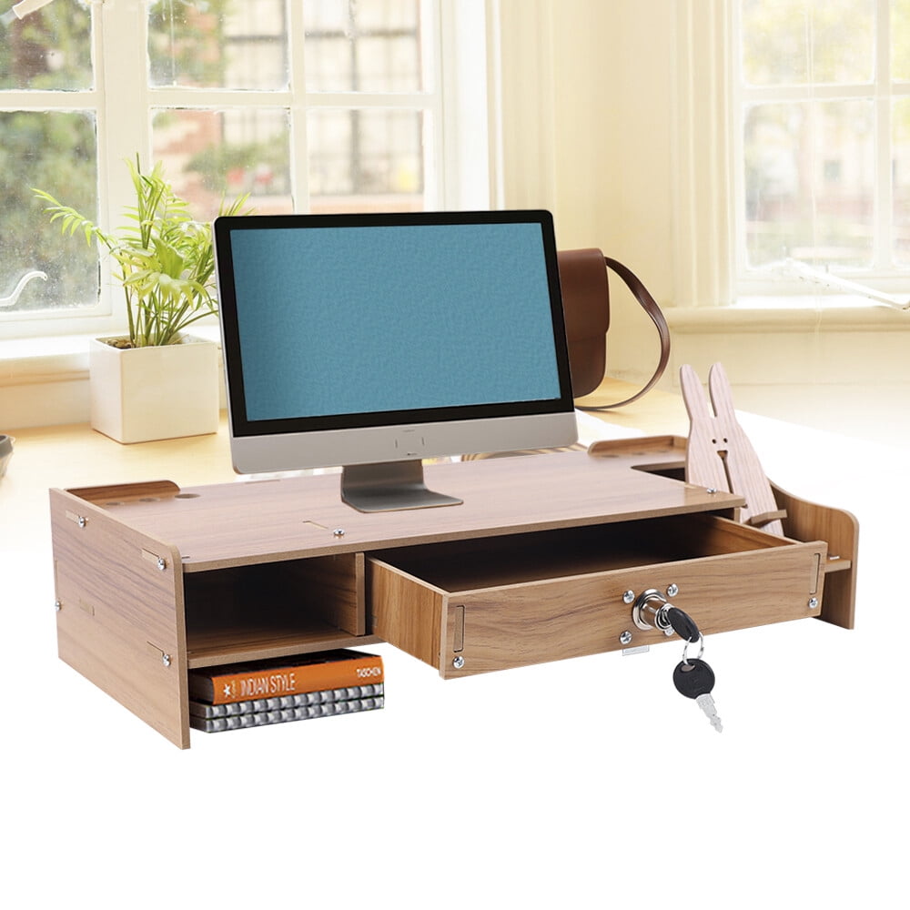 Wooden Monitor Riser with Locking Drawer and Phone Slot, Cherry Finish, 18.8 x 7.9 x 4.1 in - Image 2