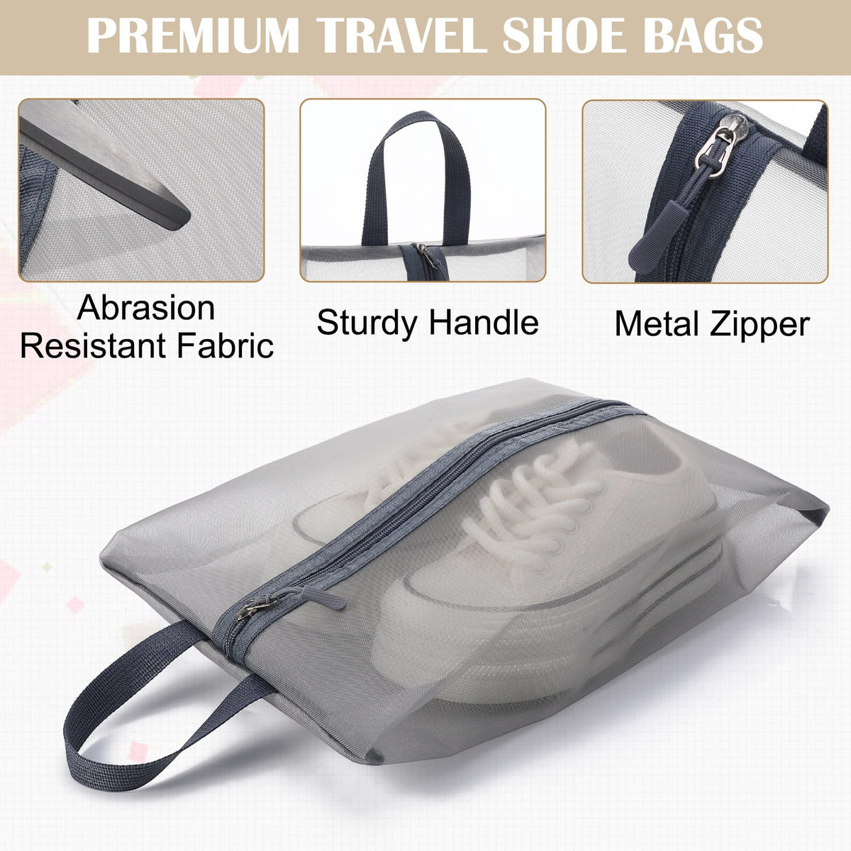 Breathable Nylon Shoe Bags with Zipper, 5-Pack Travel and Gym Pouches, 15.2 x 9.6 in - Image 3