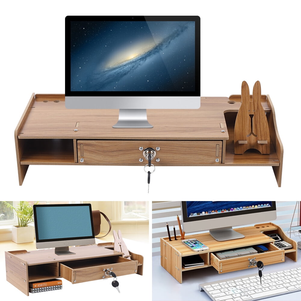 Wooden Monitor Riser with Locking Drawer and Phone Slot, Cherry Finish, 18.8 x 7.9 x 4.1 in - Image 5