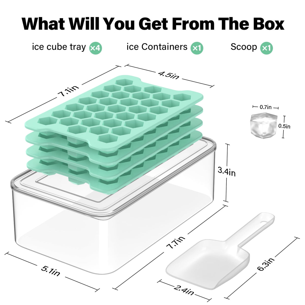 Mini Hexagonal Ice Cube Tray with Lid, Bin and Scoop, Green - Image 2