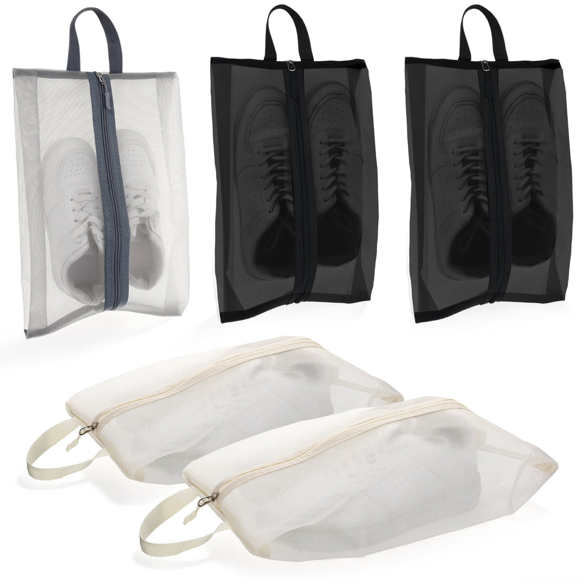 Breathable Nylon Shoe Bags with Zipper, 5-Pack Travel and Gym Pouches, 15.2 x 9.6 in