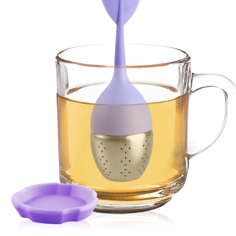 Silicone Tea Infuser with Stainless Steel Mesh Basket and Drip Tray, Purple - Image 3
