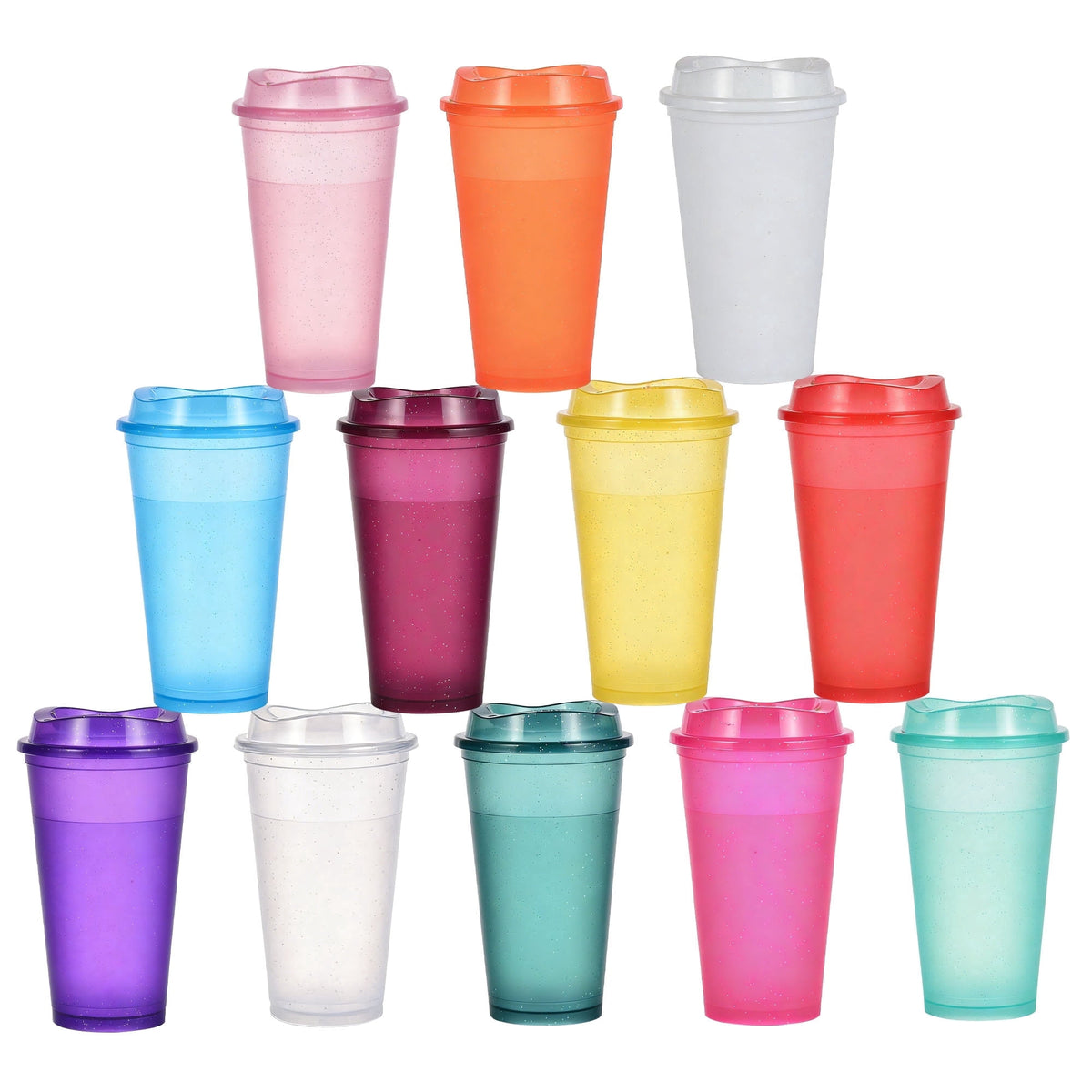 Reusable Glitter Tumblers, 12-Pack 16 oz Plastic Cups with Lids and Straws