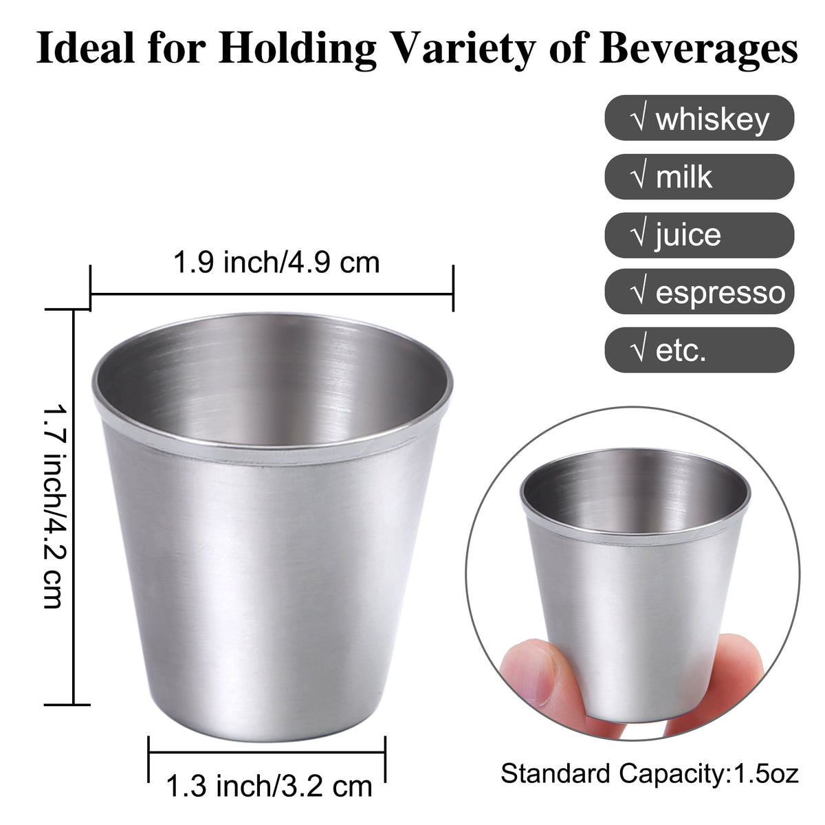 Stainless Steel Shot Glasses, 1.5 oz, Set of 12 Unbreakable Metal Cups - Image 3