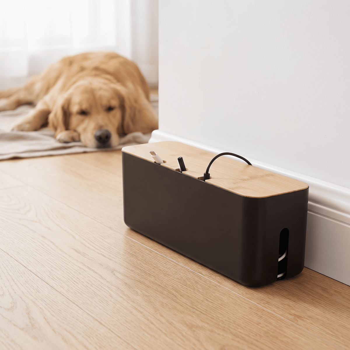 Cable Management Box with Bamboo Wood Lid, Power Strip Cord Organizer - Image 3
