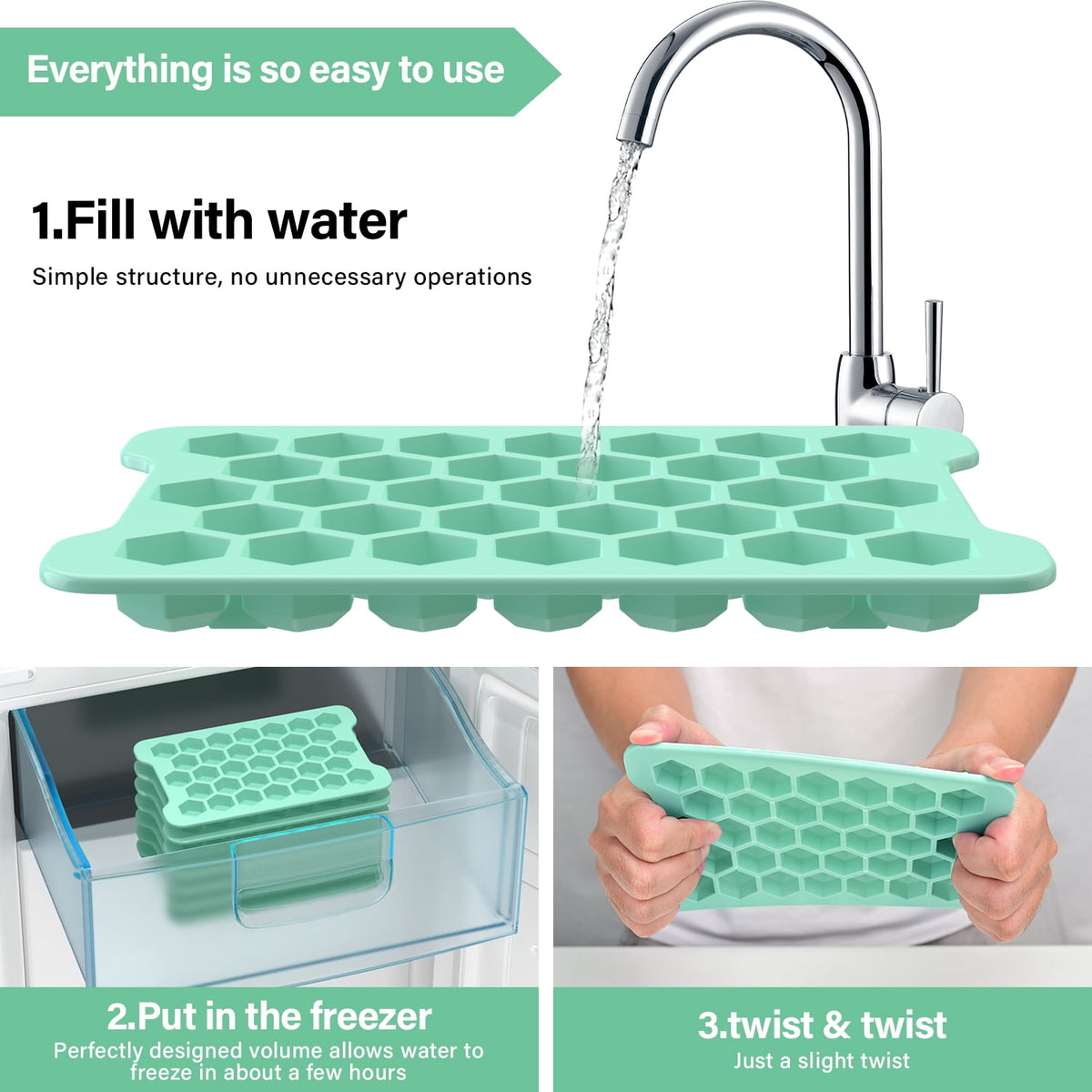 Mini Hexagonal Ice Cube Tray with Lid, Bin and Scoop, Green - Image 4