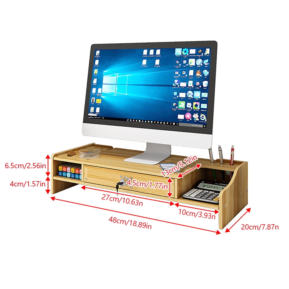 Wooden Monitor Riser with Locking Drawer and Phone Slot, Cherry Finish, 18.8 x 7.9 x 4.1 in - Image 3