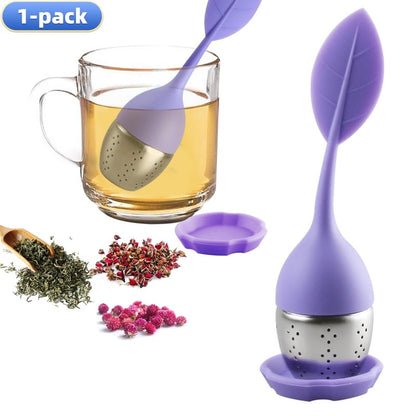 Silicone Tea Infuser with Stainless Steel Mesh Basket and Drip Tray, Purple - Image 2