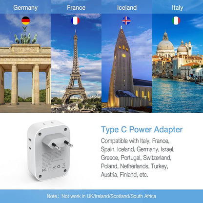 European Travel Plug Adapter, Type C to 4 US Outlets and 3 USB Ports, White - Image 6