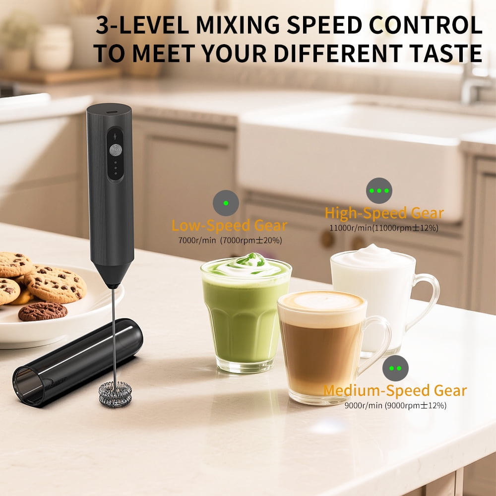 Handheld Milk Frother, USB-C Rechargeable with 3 Speeds and Double Whisk Head - Image 2