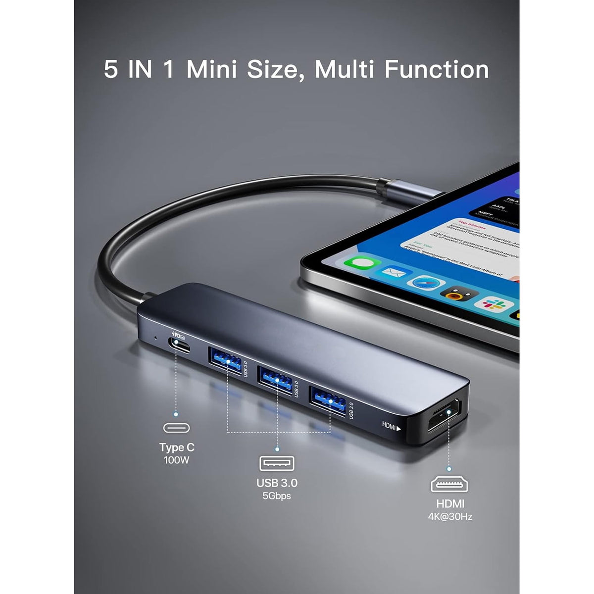 USB-C Hub 5-in-1 with 4K HDMI, 3 USB 3.0 Ports and 100 W Power Delivery - Image 2