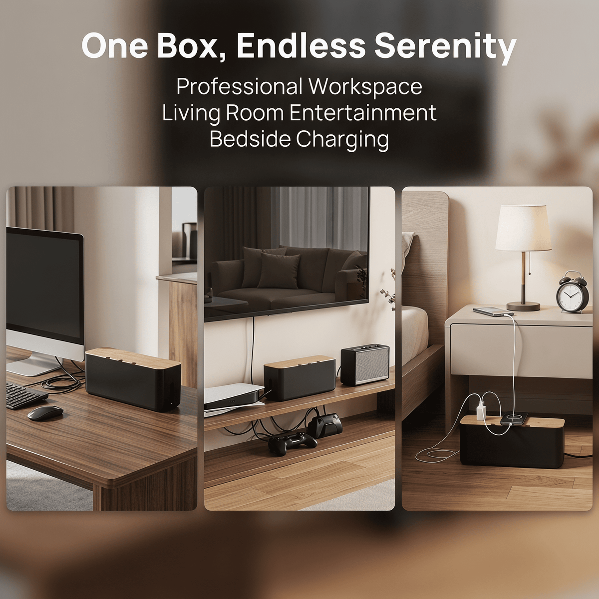Cable Management Box with Bamboo Wood Lid, Power Strip Cord Organizer - Image 5