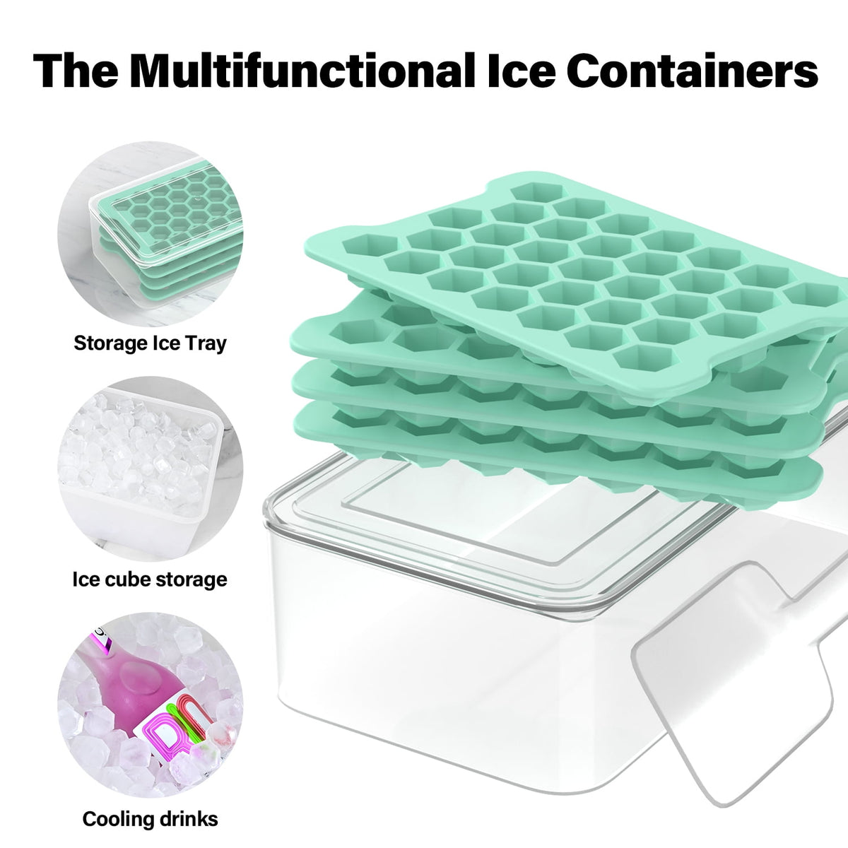Mini Hexagonal Ice Cube Tray with Lid, Bin and Scoop, Green - Image 3