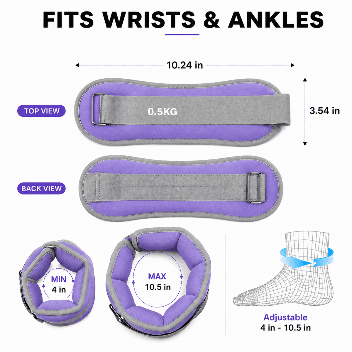 Adjustable Ankle and Wrist Weights, 1 lb Each (2 lb Pair), Purple and Grey - Image 2