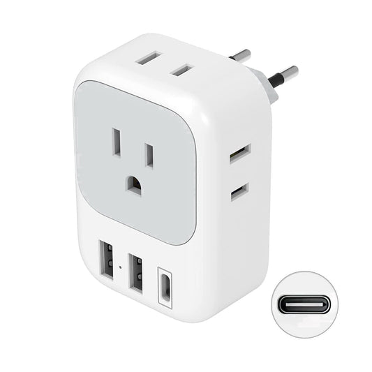 European Travel Plug Adapter, Type C to 4 US Outlets and 3 USB Ports, White
