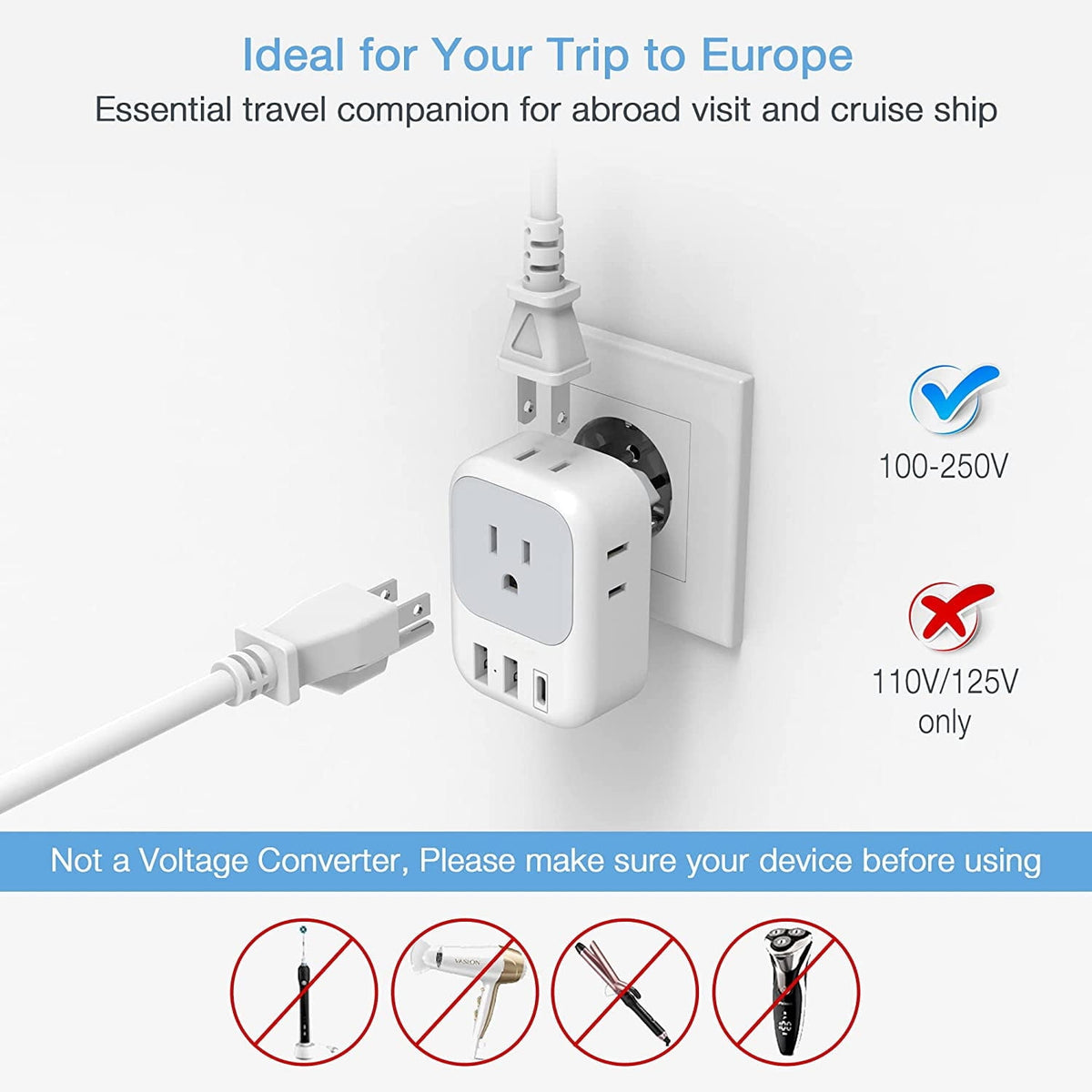 European Travel Plug Adapter, Type C to 4 US Outlets and 3 USB Ports, White - Image 5