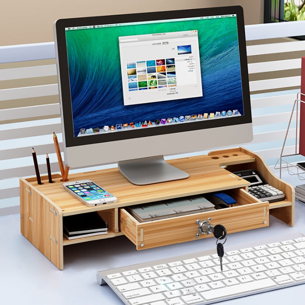 Wooden Monitor Riser with Locking Drawer and Phone Slot, Cherry Finish, 18.8 x 7.9 x 4.1 in - Image 4
